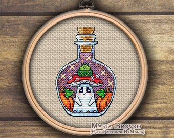 Cross Stitch Pattern Mini Bottle with a ghost and a frog DMC Chart Printable PDF Instant Download