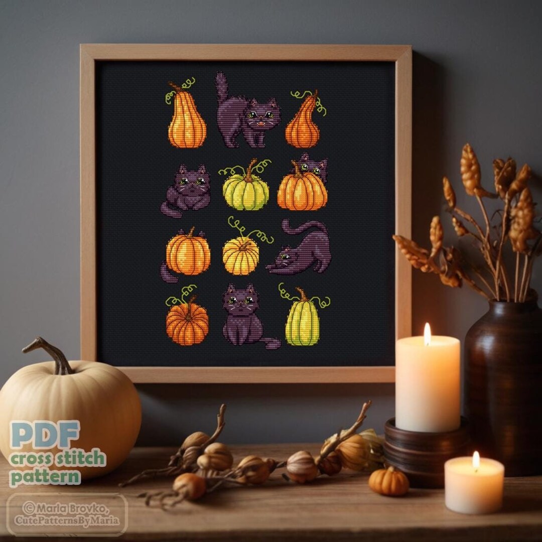 Cross Stitch Pattern Cats and Pumpkins Halloween DMC Chart Printable ...