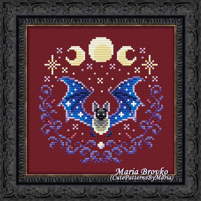 Halloween Cross Stitch Pattern Moon and Bat DMC Chart Etsy