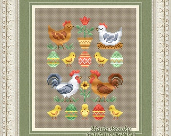Cross Stitch Pattern "Rooster and Chicken Sampler" DMC Cross Stitch Chart Pattern Embroidery Chart Printable PDF Instant Download