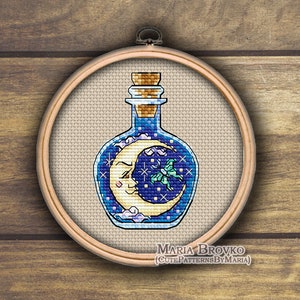 Cross Stitch Pattern Mini Bottle with moon DMC Chart Printable PDF Instant Download