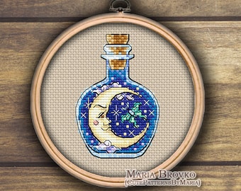 Cross Stitch Pattern Mini Bottle with moon DMC Chart Printable PDF Instant Download