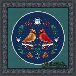 Cross Stitch Pattern Winter cardinals DMC Chart Printable PDF Instant Download