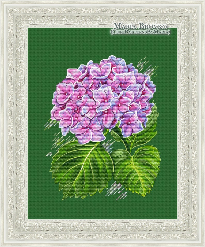 May include: Cross stitch pattern of a pink and purple hydrangea flower with green leaves on a green background. The pattern is titled "Maria Brovko (CutePatternsByMaria)".