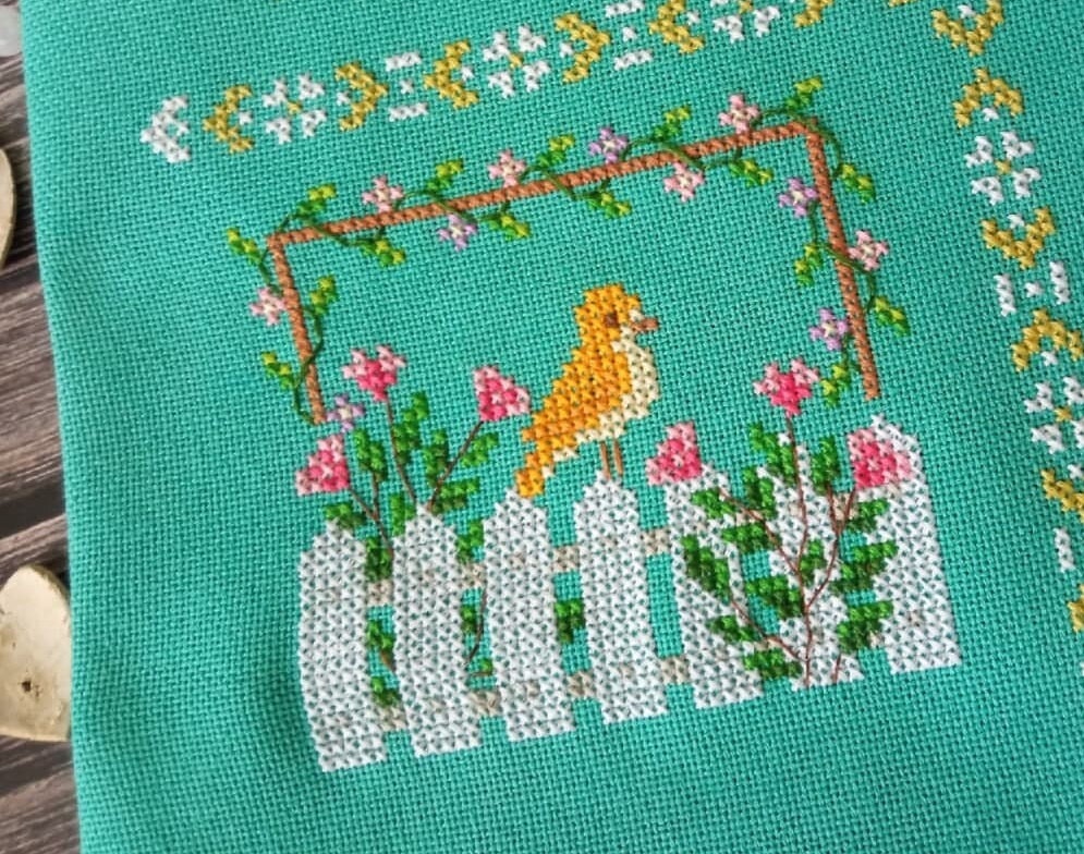 Yellow bird cross stitch dress