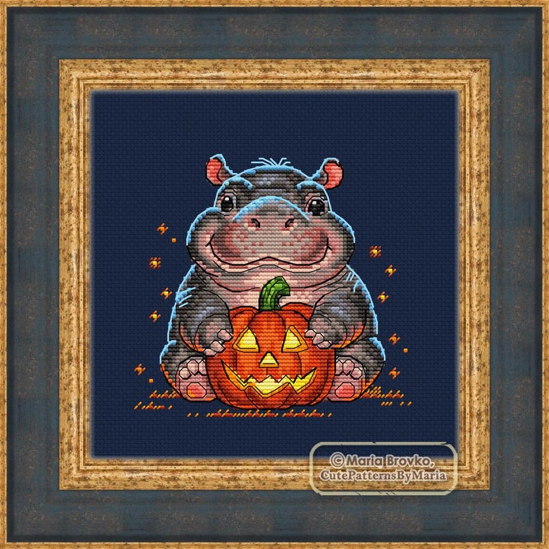 Cross Stitch Pattern Little Baby Hippo With a Pumpkin DMC Chart ...