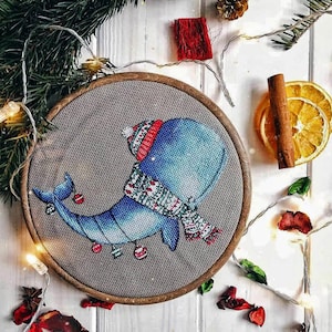 Cross Stitch Pattern &quot;Christmas whale&quot; DMC Embroidery Chart Printable PDF Instant Download