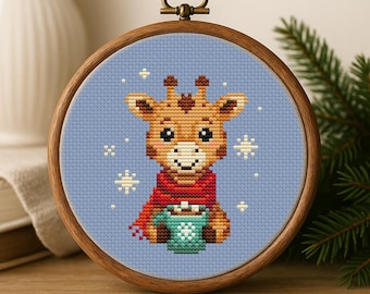 Cross Stitch PDF Pattern Giraffe with a mug DMC Chart Christmas Printable Instant Download