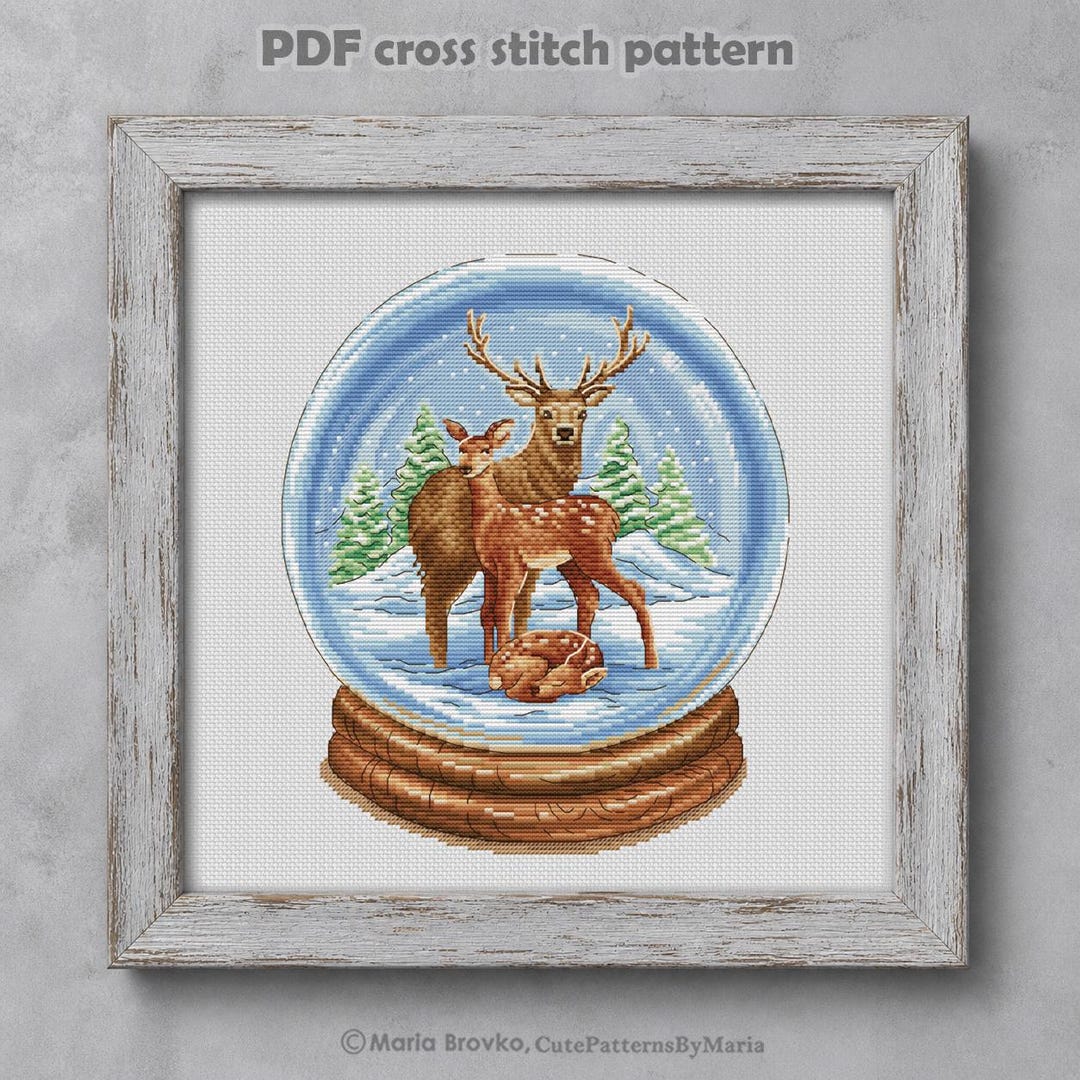 Cross Stitch Pattern Snow Globe With Deer DMC Chart Embroidery ...