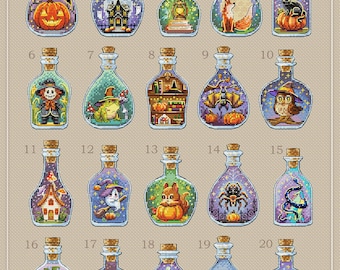 May include: A collection of twenty decorative glass bottles with cork stoppers, each containing a unique Halloween-themed design. The bottles feature images of pumpkins, ghosts, bats, and other spooky elements. The text "MARIA BROVKO (CutePatternsByMARIA)" is at the top.