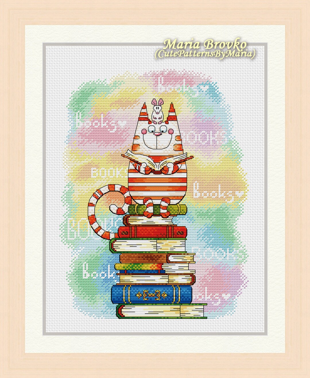 Cross Stitch Pattern Cat With Books DMC Chart Printable PDF - Etsy