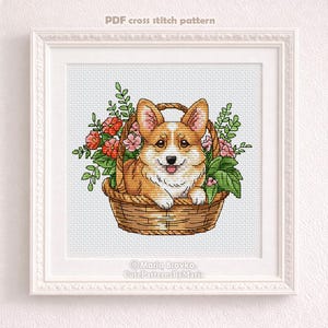 Korsstygnsmönster Corgi i en korg DMC-diagram Utskrivbar PDF Direktnedladdning