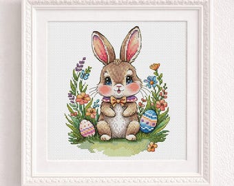 Cross Stitch Pattern Easter bunny on a flower meadow DMC Chart Printable PDF Instant Download