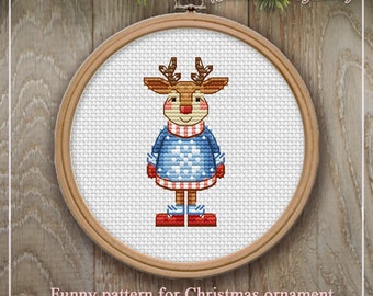 Cross Stitch Christmas Decor Deer in a blue sweater DMC Chart Printable PDF Instant Download