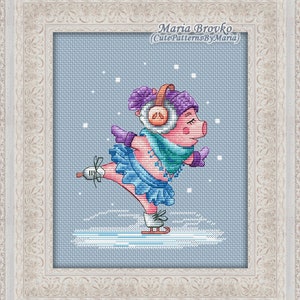 Cross Stitch Pattern Pig on the ice rink DMC Chart Printable PDF Instant Download