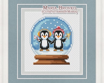 Patrón de punto de cruz &quot;Globo de nieve con pingüinos&quot; DMC Gráfico de punto de cruz Imprimible PDF Descarga instantánea