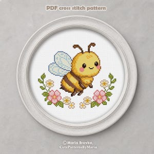Schema per punto croce "Fiore, ape" con motivo DMC, stampabile in PDF, download immediato.