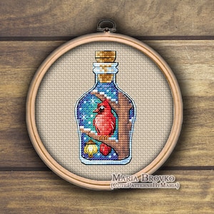 Kreuzstich Muster Mini Flasche mit Winter Kardinal DMC Karte Printable PDF Instant Download