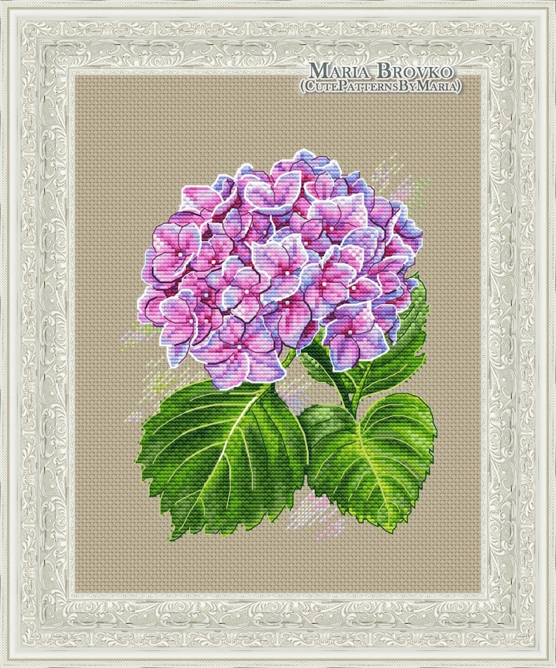 May include: Cross stitch pattern of a hydrangea flower with pink and purple petals and green leaves. The pattern is titled "Maria Brovko (CutePatternsByMaria)".