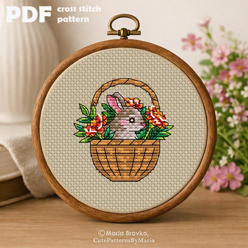 Cross Stitch Pattern Rabbit in a Basket DMC Chart Printable PDF Instant ...