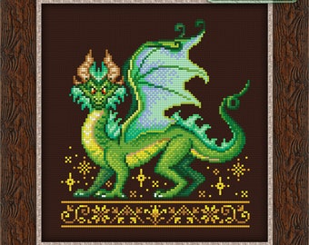 Cross Stitch Pattern Green Dragon DMC Chart Embroidery Printable PDF Instant Download