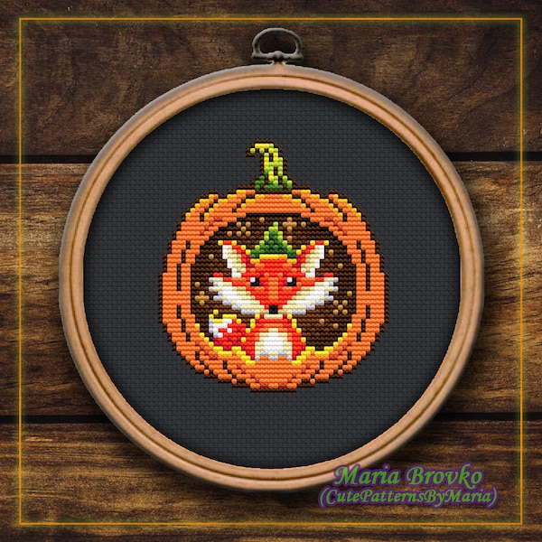 Cross Stitch Pattern Fox in the pumpkin DMC Chart Printable PDF Instant Download