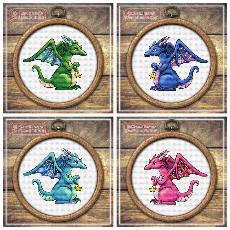 Cross Stitch Pattern 8 color options Dragon with star and snowflakes DMC Chart Printable PDF Instant Download image 4