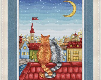 Cross Stitch Pattern "Purring on the roofs" DMC Cross Stitch Chart Needlepoint Pattern Embroidery Chart Printable PDF Instant Download