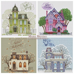 All of 4 Season houses Cross Stitch Pattern DMC Chart Pattern Embroidery Printable PDF Instant Download