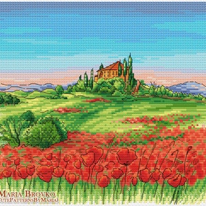 Kreuzstich Stickvorlage Toskana Mohnfeld DMC Stickmuster Stickerei Printable PDF Instant Download