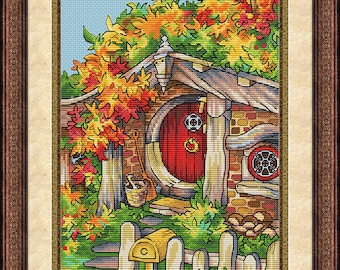 Cross Stitch Pattern Halfling&#39;s house in autumn DMC Cross Stitch Chart Needlepoint Pattern Embroidery Chart Printable PDF Instant Download