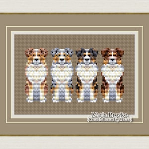 May include: Cross stitch pattern featuring four Australian Shepherd dogs in a row. The dogs are brown, black, and white with different markings. The pattern is titled "Maria Brovko (CutePatternsByMaria)".