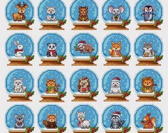 Decoración navideña de punto de cruz 20 globos de nieve con animales Gráfico DMC imprimible PDF Descarga instantánea