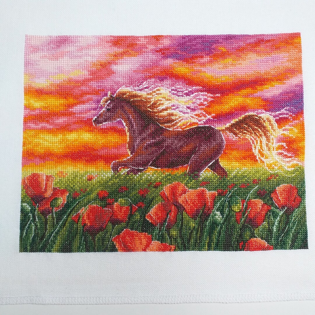 Cross Stitch Pattern Poppy Field and Horse DMC Chart Printable PDF ...