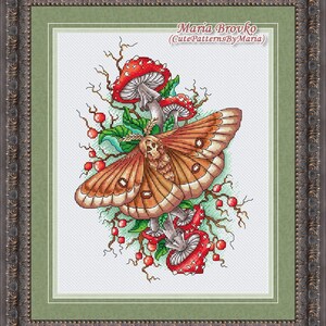 Cross Stitch Pattern Death's-head hawkmoth and fly agaric DMC Chart Printable PDF Instant Download