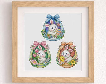 Cross Stitch Pattern Three Easter eggs with bunnies DMC Chart Printable PDF Instant Download