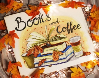 Kreuzstich Stickmuster &quot;Bücher und Kaffee&quot; DMC Chart Stickerei Stickmuster zum selbst ausdrucken
