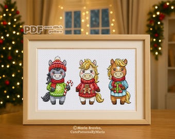 Cross Stitch PDF Pattern Three winter horses Christmas DMC Chart Printable PDF Instant Download