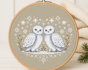 Cross Stitch PDF Pattern Cute snowy owls in a snow heart DMC Chart Christmas Printable Instant Download