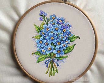 Cross Stitch Pattern Forget-me-not bouquet Myosotis  DMC Chart Printable PDF Instant Download