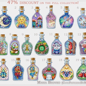 Cross Stitch Collection of 19 Mini Bottles Patterns 47% cheaper as a set DMC Chart Printable PDF Instant Download