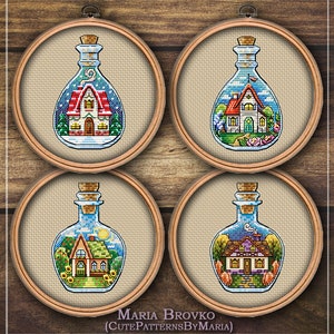 Cross Stitch Collection of 4 Mini Bottles Patterns Houses Seasons Winter Spring Summer Autumn DMC Chart Printable PDF Instant Download