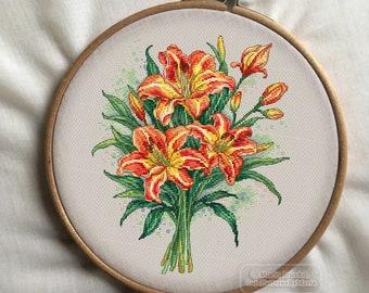 Cross Stitch Pattern Orange Daylily Bouquet DMC Chart Printable