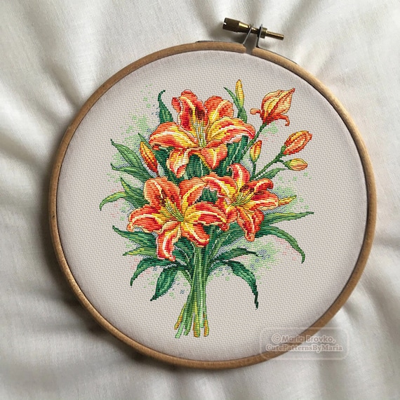 Cross Stitch Pattern Orange Daylily Bouquet DMC Chart Printable