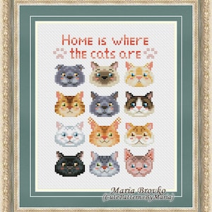 以下が含まれることがあります： 白い背景に赤い文字で「Home is where the cats are」と書かれたクロスステッチパターン。パターンには、さまざまな色と模様の12種類の猫の顔が含まれています。