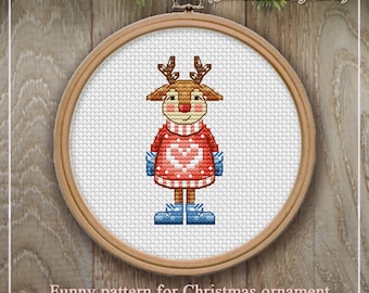 Cross Stitch Christmas Decor Deer in a red sweater DMC Chart Printable PDF Instant Download