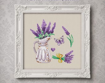Miniature lavande au point de croix avec un pichet Grille DMC broderie PDF imprimable téléchargement immédiat
