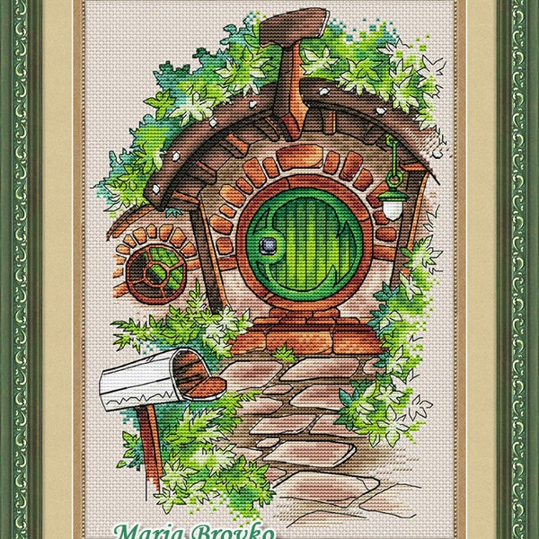 Cross Stitch Pattern Halfling's house avec une porte verte DMC Chart Needlepoint Pattern Embroidery Chart PDF imprimable Téléchargement instantané