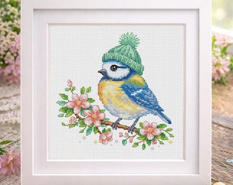 Cross Stitch PDF Pattern Blue Tit with a knitted mint hat DMC Chart Printable Instant Download
