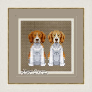 May include: Cross stitch pattern featuring two brown and white dogs sitting side by side. The pattern is titled "Maria Brovko (CutePatternsByMaria)".